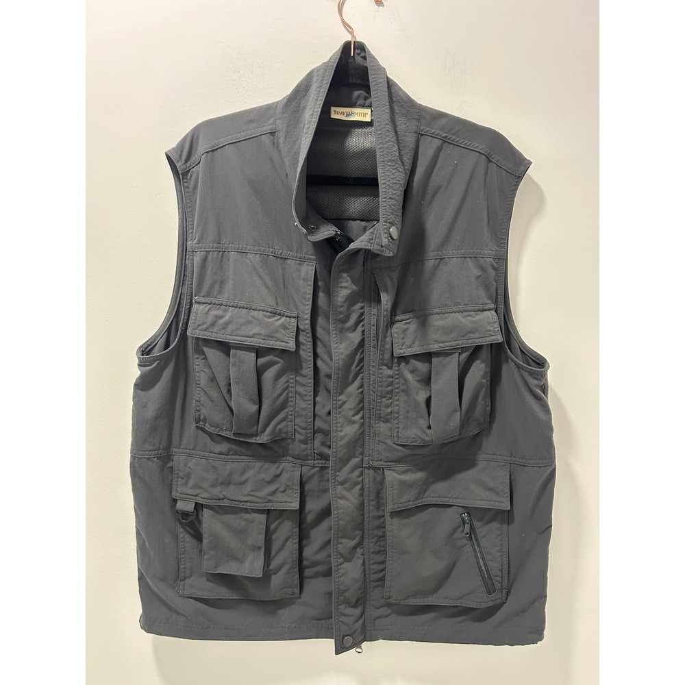TravelSmith Mens Utility Safari Vest Large Gray Nylon Multi Pocket Fishing Photo
